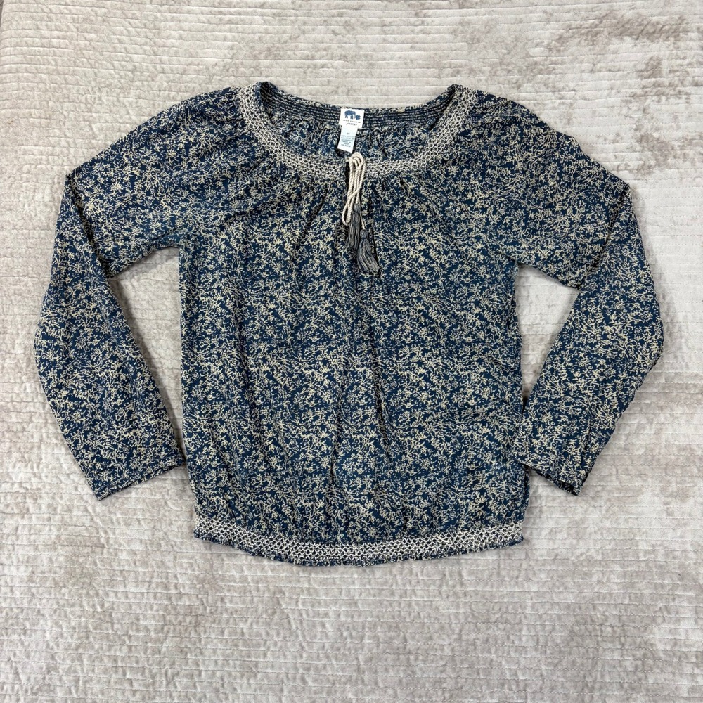 John Robshaw for Lucky Brand Navy Floral Cotton Peasant Blouse Tassel Top‎ M